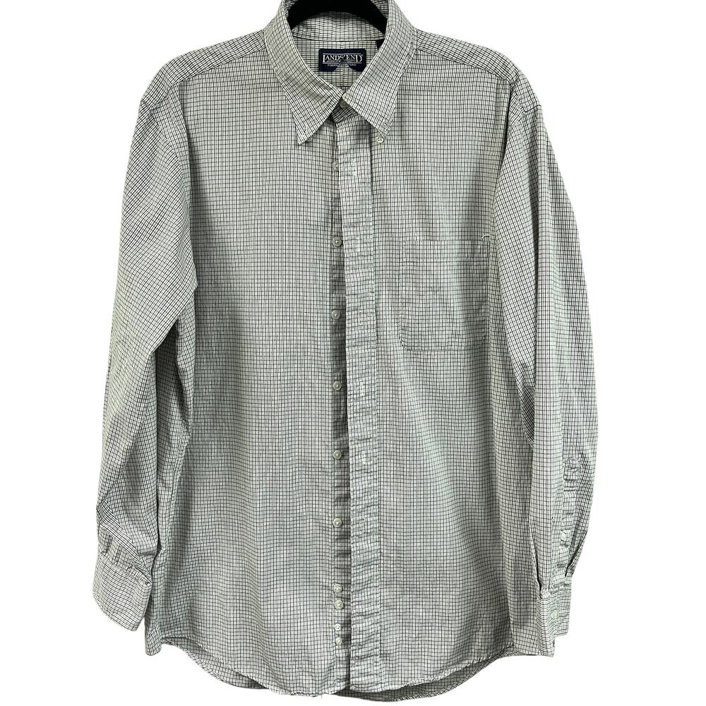 Men's Land's End Large 100% cotton button down long sleeve shirt grid pattern